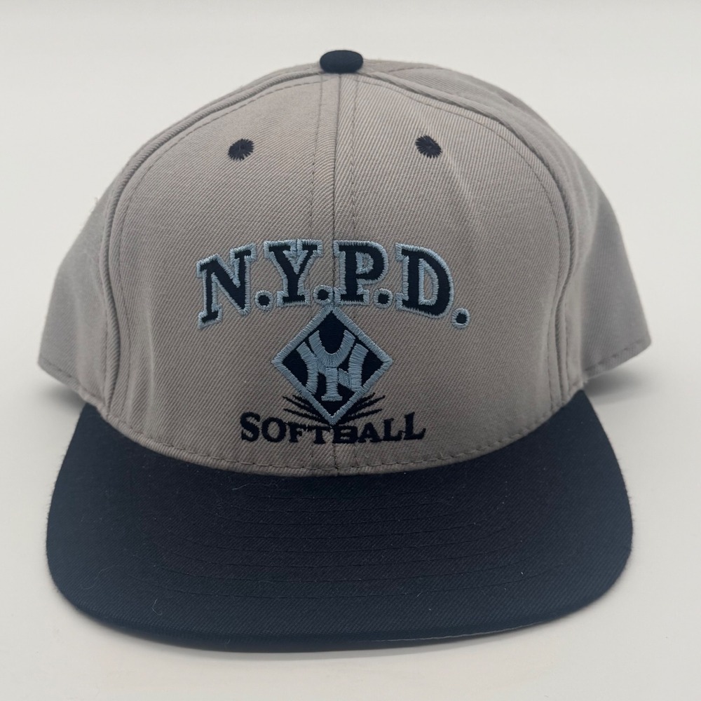 Vintage California Headwear NYPD Softball Snapback Hat Grey Black Two Tone Cap